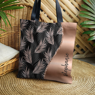 Glam Palm Blätter Rose Gold Black Metallic Name Tasche