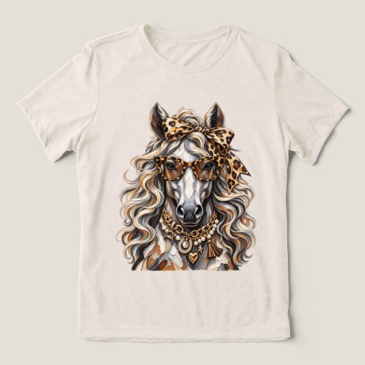 Glam-Pferd Leopardendruck Goldkette Statement Tri-Blend Shirt (Design Vorderseite)