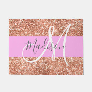 Glam Pfirsichfarbener Glitzer Monogramm Name Fußmatte