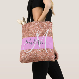 Glam Pfirsichfarbener Glitzer Monogramm Name Tasche