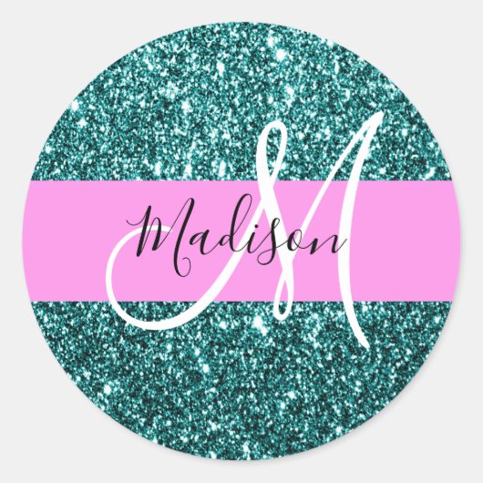 Glam Pink Aquamarin Green Glitzer Sparkname Monogr Runder Aufkleber (Vorderseite)