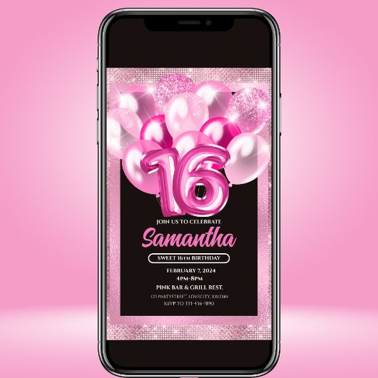 Glam Pink Balloons Sweet 16 Birthday Einladung