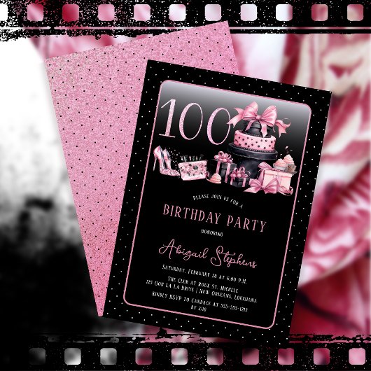 Glam Pink Black Fashion 100th Birthday Party Einladung