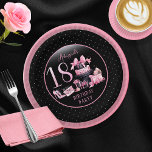 Glam Pink Black Fashion 18th Birthday Party Pappteller<br><div class="desc">Glamorous French couture-inspired,  pink and black "18" 18th birthday design featuring a hat box cake,  pink stilettos and a makeup bag among various unopened birthday presents and luscious cupcakes.  Perfect for celebrating birthday occasions.  Age is created in an uneditable faux pink glitter fon</div>