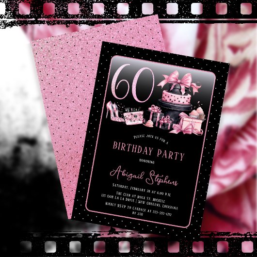 Glam Pink Black Fashion 60th Birthday Party Einladung