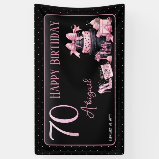 Glam Pink Black Fashion 70th Birthday Party Banner (Vertikal)
