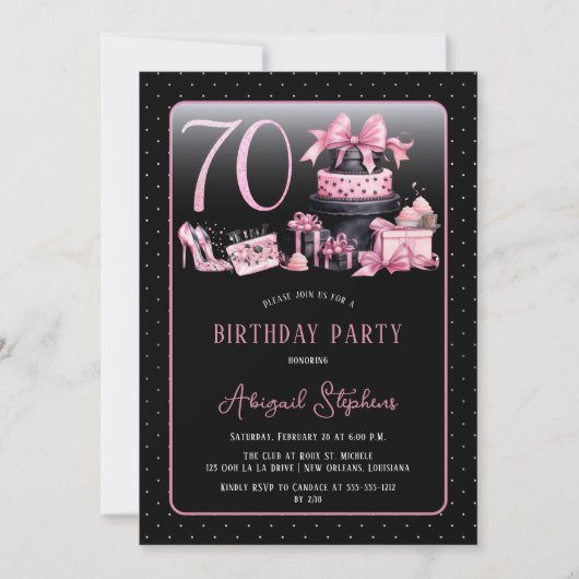 Glam Pink Black Fashion 70th Birthday Party Einladung (Vorderseite)