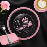 Glam Pink Black Fashion 70th Birthday Party Pappteller<br><div class="desc">Glamorous French couture-inspired,  pink and black "70" 70th birthday design featuring a hat box cake,  pink stilettos and a makeup bag among various unopened birthday presents and luscious cupcakes.  Perfect for celebrating birthday occasions.  Age is created in an uneditable faux pink glitter font.</div>