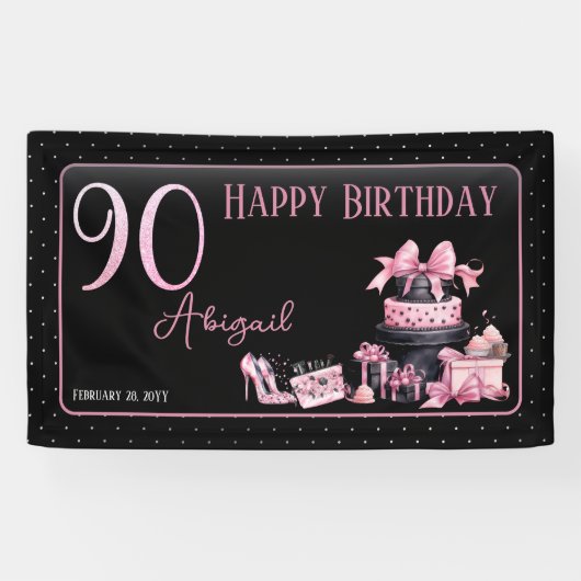 Glam Pink Black Fashion 90th Birthday Party Banner (Horizontal)