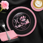 Glam Pink Black Fashion 90th Birthday Party Pappteller<br><div class="desc">Glamorous French couture-inspired,  pink and black "90" 90th birthday design featuring a hat box cake,  pink stilettos and a makeup bag among various unopened birthday presents and luscious cupcakes.  Perfect for celebrating birthday occasions.  Age is created in an uneditable faux pink glitter font.</div>