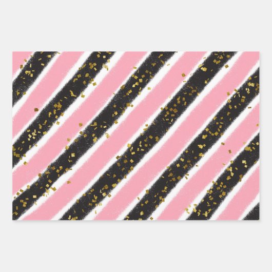 Glam Pink Black Gold Glitzer Sparkline Muster Geschenkpapier Set (Vorderseite)