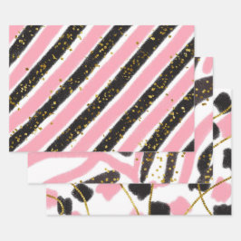 Glam Pink Black Gold Glitzer Sparkline Muster Geschenkpapier Set