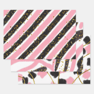 Glam Pink Black Gold Glitzer Sparkline Muster Geschenkpapier Set