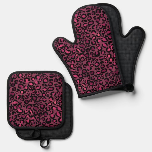 Glam Pink Black Leopard Print Ofenhandschuh & Topflappen-Set (Vorderseite/Rückseite)