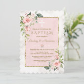 Glam Pink Blush Blume Gold Marmor Twins Taufe Einladung (Stehend Vorderseite)