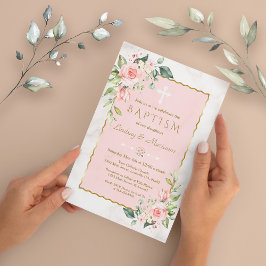 Glam Pink Blush Blume Gold Marmor Twins Taufe Einladung