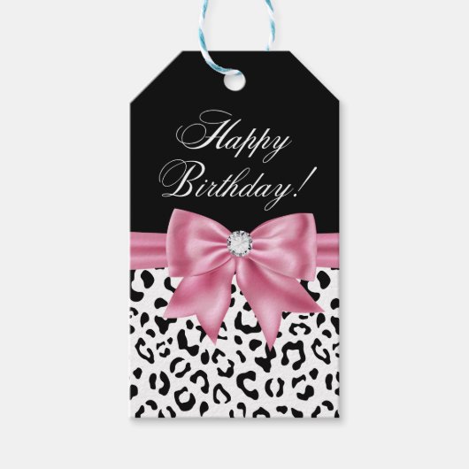 Glam Pink Bow Diamond Black Leopard Happy Birthday Geschenkanhänger (Vorderseite)