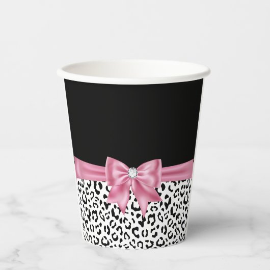 Glam Pink Bow Diamond Black Snow Leopard Pappbecher (Vorderseite)