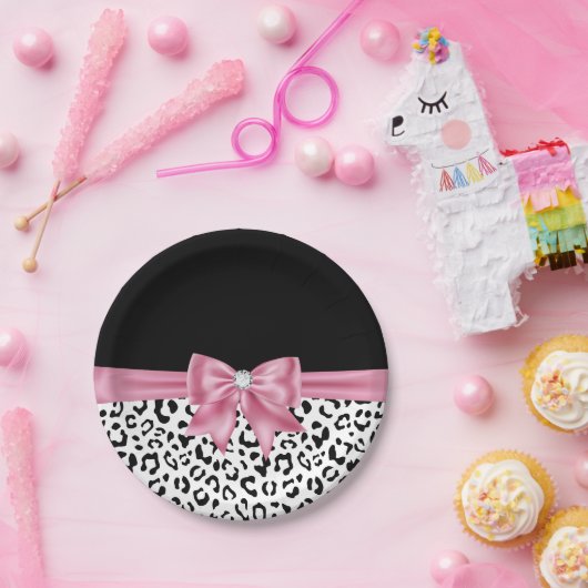 Glam Pink Bow Diamond Black Snow Leopard Pappteller (Party)