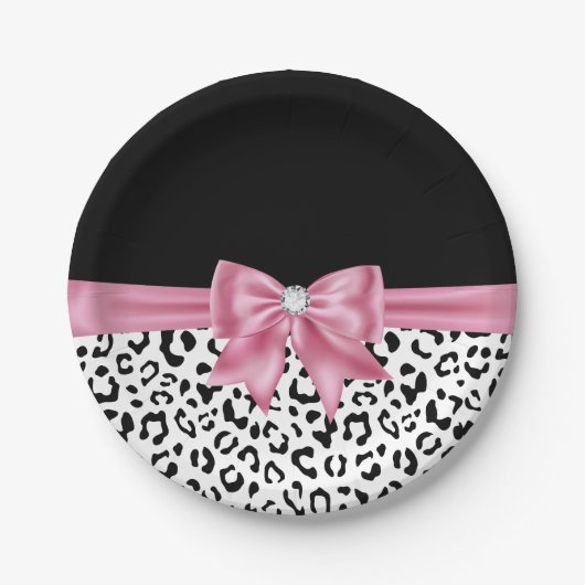Glam Pink Bow Diamond Black Snow Leopard Pappteller (Vorderseite)