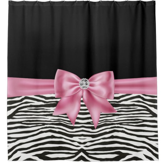 Glam Pink Bow Diamond Zebra Print Black Duschvorhang (Vorderseite)