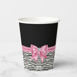 Glam Pink Bow Diamond Zebra Print Black Pappbecher
