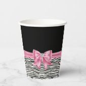 Glam Pink Bow Diamond Zebra Print Black Pappbecher (Vorderseite)