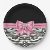 Glam Pink Bow Diamond Zebra Print Black Pappteller (Vorderseite)