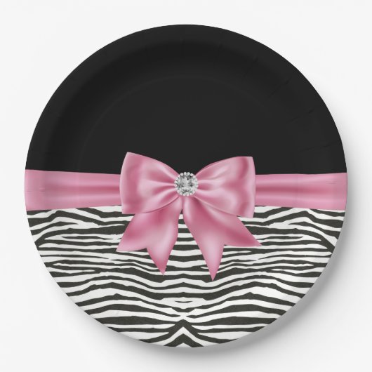 Glam Pink Bow Diamond Zebra Print Black Pappteller (Vorderseite)