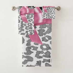 Glam Pink Bow-Grey Leopard-Silver Glitzern Badhandtuch Set