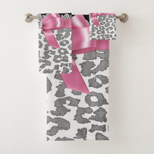 Glam Pink Bow-Grey Leopard-Silver Glitzern Badhandtuch Set (Insitu)