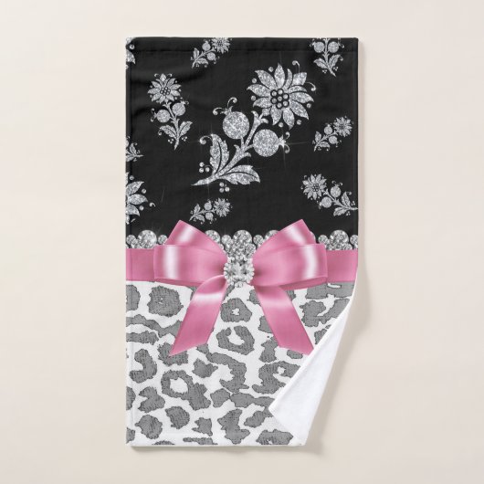 Glam Pink Bow-Grey Leopard-Silver Glitzern Badhandtuch Set (Handtuch)