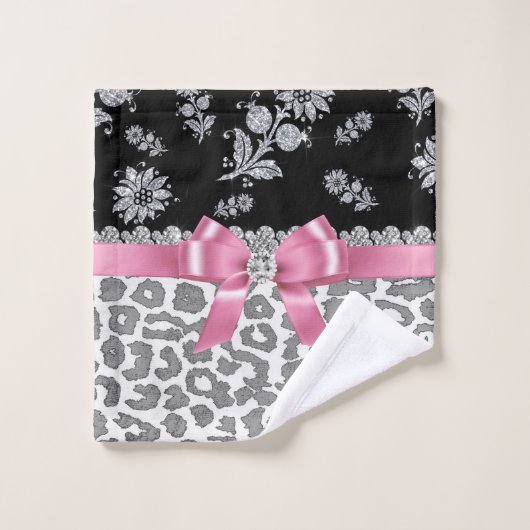 Glam Pink Bow-Grey Leopard-Silver Glitzern Badhandtuch Set (Waschlappen)