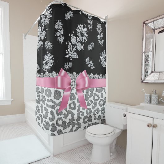 Glam Pink Bow-Grey Leopard-Silver Glitzern Duschvorhang (Beispiel)
