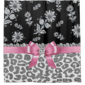 Glam Pink Bow-Grey Leopard-Silver Glitzern Duschvorhang (Vorderseite)