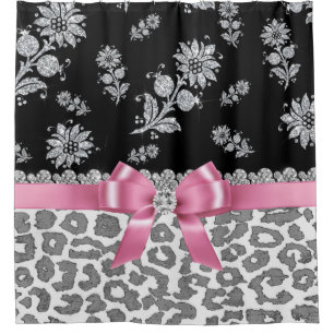 Glam Pink Bow-Grey Leopard-Silver Glitzern Duschvorhang