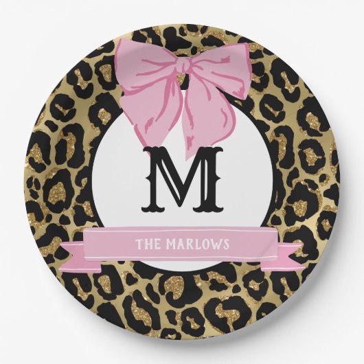 Glam Pink Bow Leopard Print Family Name Monogram Pappteller (Vorderseite)