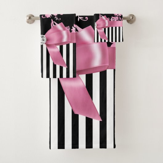 Glam Pink Bow-Pink Stift-Schwarz-weiß Pinstripes Badhandtuch Set (Insitu)