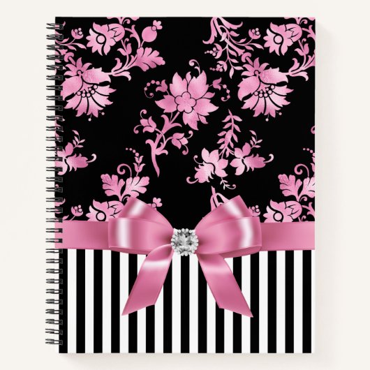 Glam Pink Bow-Pink Stift-Schwarz-weiß Pinstripes Notizblock (Vorderseite)
