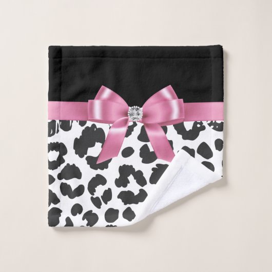 Glam Pink Bow-White Leopard Print Black Badhandtuch Set (Waschlappen)