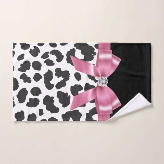 Glam Pink Bow-White Leopard Print Black Badhandtuch Set (Handtuch)