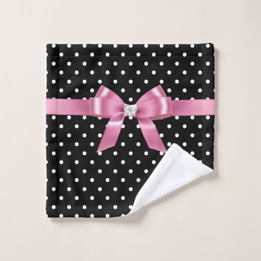 Glam Pink Bow White Polka Dots Black Bath Handtuch Badhandtuch Set (Waschlappen)