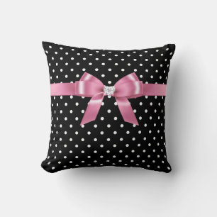 Glam Pink Bow-White Polka Dots Black Kissen
