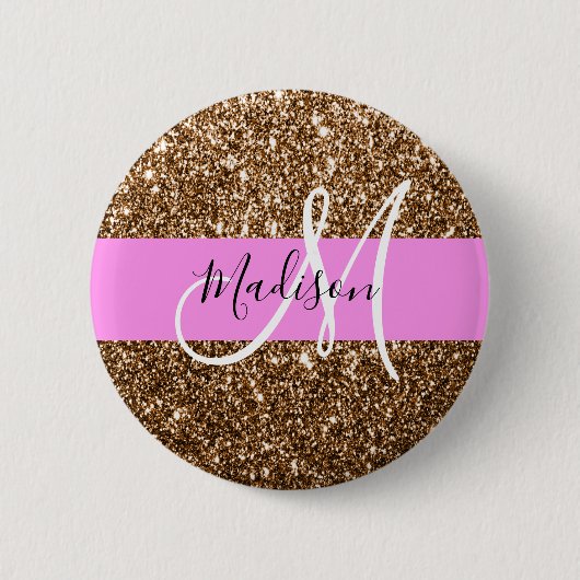 Glam Pink & Bronze Glitzer Glitzern Monogram Name Button (Vorderseite)