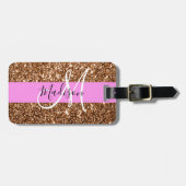 Glam Pink & Bronze Glitzer Glitzern Monogram Name Gepäckanhänger (Vorderseite horizontal)
