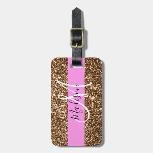 Glam Pink & Bronze Glitzer Glitzern Monogram Name Gepäckanhänger (Vorderseite vertikal)