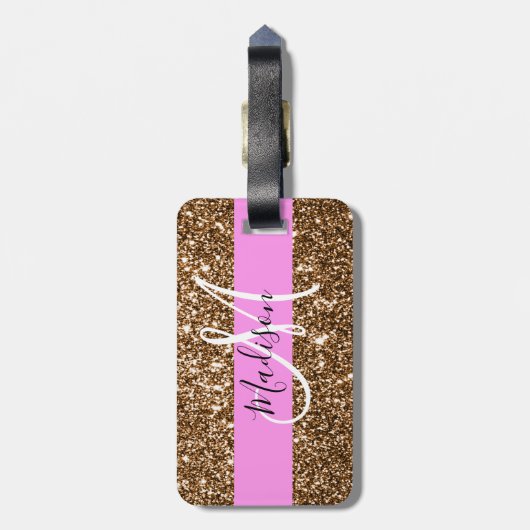 Glam Pink & Bronze Glitzer Glitzern Monogram Name Gepäckanhänger (Rückseite vertikal)