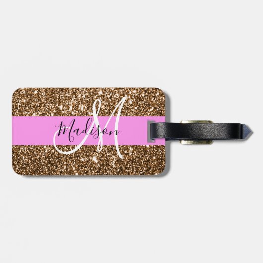 Glam Pink & Bronze Glitzer Glitzern Monogram Name Gepäckanhänger (Rückseite horizontal)