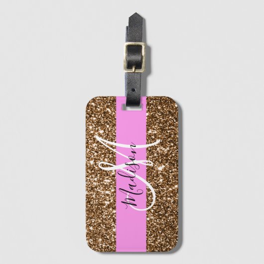 Glam Pink & Bronze Glitzer Glitzern Monogram Name Gepäckanhänger (Vorderseite Vertikal)