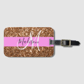 Glam Pink & Bronze Glitzer Glitzern Monogram Name Gepäckanhänger (Vorderseite (Horizontal))